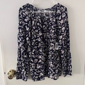 NWT Printed Tie Neck Swing Neck Swing Blouse Navy Blue White Large Rayon